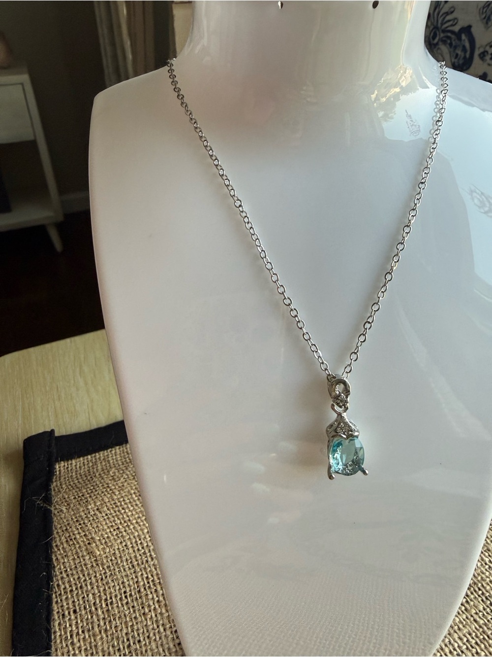 Silver Necklace with Blue Aquamarine Pendant